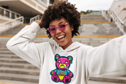 Pink Famous Hustle Bear Unisex eco raglan hoodie