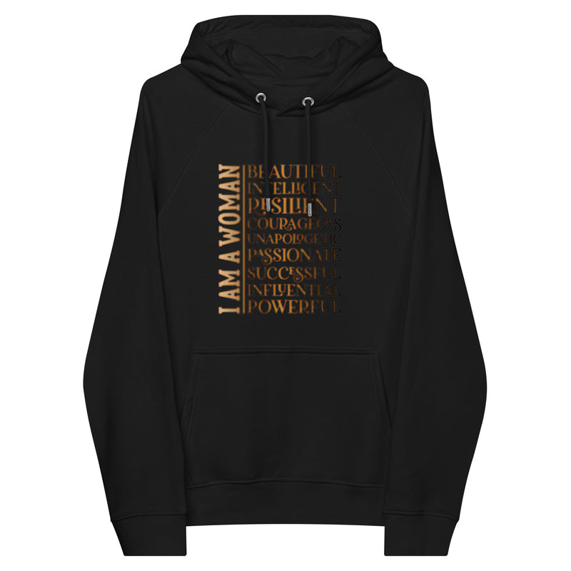 I Am a Woman Unisex eco raglan hoodie